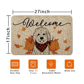 QIONG MENG Fall Door Mat Golden Doodle Rugs Dog Autumn Harvest Doormat Thanksgiving Home Kitchen Decor Floor Front Mats 17 x 27 Inch for Outdoor Indoor