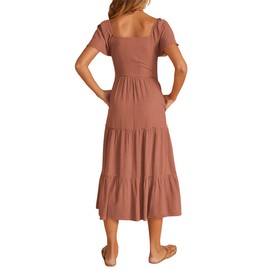 KIRUNDO Summer Dresses for Women 2024 Casual Linen Button Short Sleeve Midi Dress V Neck Ruffle Tiered Flowy A Line Dresses Maternity Dress(Brick Red, Large)