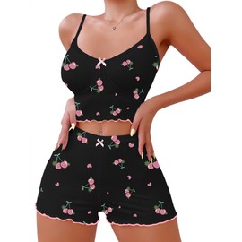 Hilinker Women's Sexy 2 Piece Fruit Pajama Set Ribbed Cami Top and Shorts Cute Pjs Sleepwear Black Pink Cherry Medium