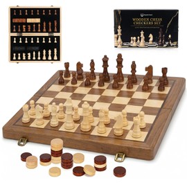 2 in 1 Magnetic Wooden Chess and Checkers Board Game Set