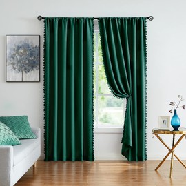 Green Blackout Curtains for Bedroom 90 inch Pom Pom Windows Drapes Cute Decorative Triple Weave Thermal Insulated Curtain Drapes for Nursery Room Studio Hotel 52" w x2 Panels Rod Pocket