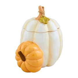 Mud Pie Two Pumpkin Gather CANISTERS, 5 1/4" x 4", WHITE