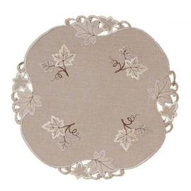 Tablecloth Table Runner Doilies Cushion Cover Autumn Beige Brown Embroidered with Leaves Linen Look (Round 60 cm)