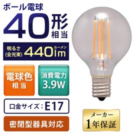 Iris Ohyama LDG4L-G-E17-FC LDG4L-G-E17-FC LED Filament Bulb, Mini Ball Bulb, 40W Equivalent, 440 lm, Bulb Color Equivalent, Energy Saving Measures, LED Filament Bulb