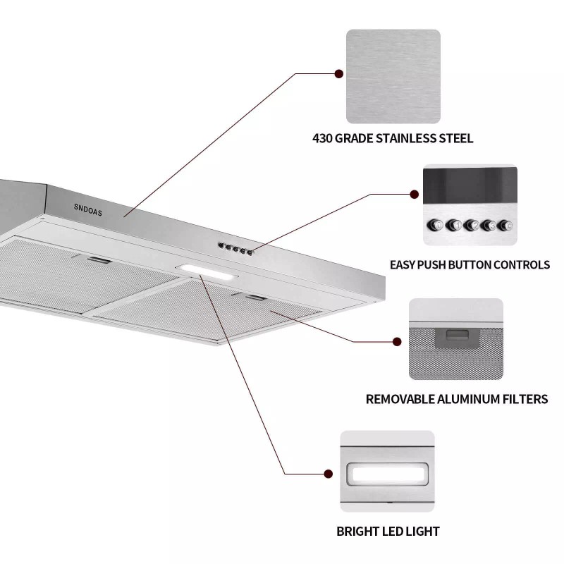 SNDOAS Under Cabinet Range Hood 30 inch Stainless Steel 230CFM
