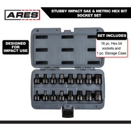 ARES 23021-16-Piece Stubby Impact SAE and Metric Hex Bit Socket Set - Chrome Moly Steel Construction and Manganese Phosphate Coating - Includes Storage Case - Designed for Impact Use
