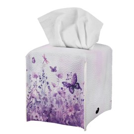 Tutolipy Tissue Box Holder Square Aesthetic Tissue Box Cover Facial Tissue Box Covers Cube Napkin Organizer Dispenser for Bedroom Office Bathroom Decor,Purple Floral Field