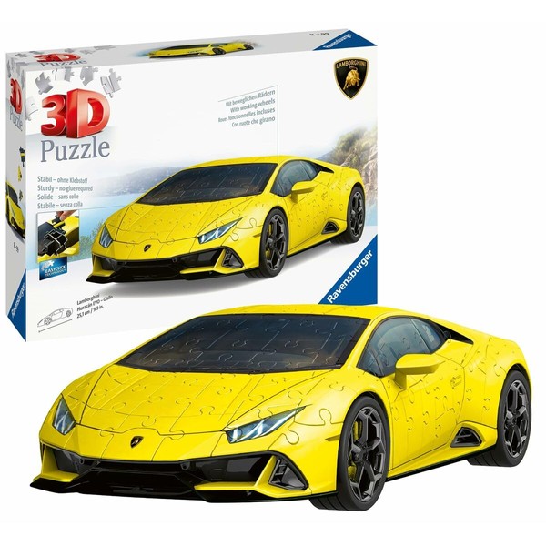 Ravensburger - Puzzle 3D Véhicules - Lamborghini Huracan Evo, édition jaune avec grille de construction - A partir de 8 ans - 108 pièces numérotées à assembler sans colle - Accessoires inclus - 11562