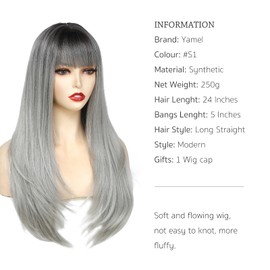 Yamel Wigs with Fringe Ombre Grey Long Hair 24 Inch Adjustable Cosplay or Daily Natural Straight Hair Wigs for Women Lady