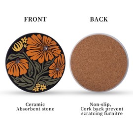 STARUBY Coasters Absorbent Ceramic Coaster Drink Coasters with Cork Back Beautiful Artistic Flowers Set of 6 Round Coaster Non Slip for Coffee Table Wine Glass Home Bar 4 Inch, Colorful