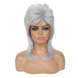 Mullet Wig for Women Shoulder Length Synthetic Cosplay Wig 80s Wigs Halloween Cosplay Daily Hair Wigs (Light Gray)
