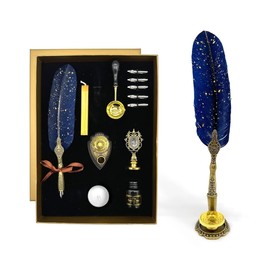 FTC Feather Quill Pen and Ink Set - Antique Calligraphy Dip Ink Pen with Replacement Nibs, Pen Stand Base, 12 Zodiac Wax Seals, Stamp, Envelopes, Letter Paper, Art Gift (Blue)