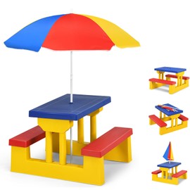 FIREFLOWERY Kids Picnic Table, Kids Outdoor Table and Chairs with Removable and Adjustable Umbrella, Kids Bench Table Indoor, Portable Toddler Picnic Table for Patio, Backyard, Garden (Colorful)