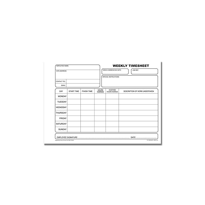 Cherry Carbonless NCR Weekly Timesheet Duplicate Book A4 50 Sets