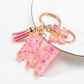 New Fashion Kingdom Initial letter Keychains for Women Girls Tassel Butterfly Cute Car Keychain for Wallet Backpack bag charm accessories (M-Pink Cute Butterfly)