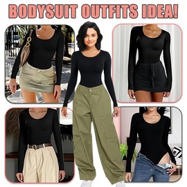 OUFOTAT Women's High Neck Long Sleeve Bodysuit - Crew Neck Stretch Silky Bodysuit for Party & Date