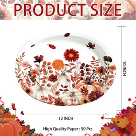 50Pcs Fall Wildflower Oval Paper Plates 10" x 12" Large Disposable Heavy Duty Watercolor Autumn Pumpkin Sunflowers Wild Floral Dessert Platters for Thanksgiving Lunch Dinner Birthday Party Supplies