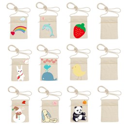 Pack of 12 Fabric Bags for Painting for Children, Fabric Bags for Painting, 18 x 12 cm, Small Fabric Shoulder Bags for Children, Neck Bag for Party, School, Gift