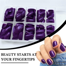 AddFavor Short Press on Nails Short Square Round Fake Nails Glossy Full Cover Acrylic Artificial Glue on Nails for Women, 240pc/pack Deep Purple Nails, Sticky Tabs, Nail File