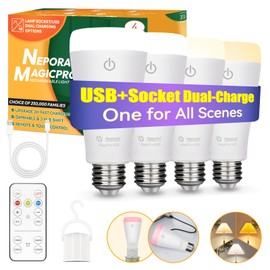 Neporal MAGICPRO Socket & USB Rechargeable Light Bulbs with Remote, 2H Fast Charge, 5-50H Battery Life, 3-Color Shifts & Dimmable, 9W 800LM E26 Battery Light Bulb for Home,Wireless, Emergency Use, 4PK