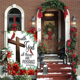 DECORLUXES Cardinal Christmas Flowers Poinsettia Garden Flag 12x18 Inch Double Sided, Winter Festive Holiday Yard Outdoor Decorative (1 Garden Flag)