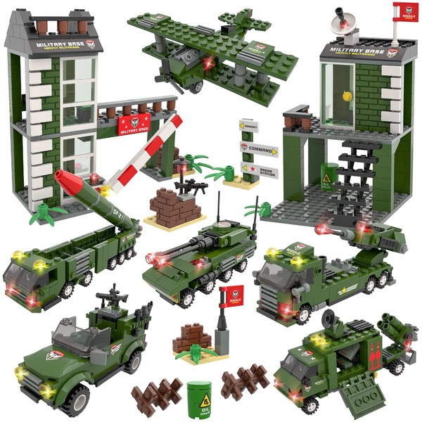 Army Military Base Building Blocks Set with Army Vehicles, Tank, Airplane, Helicopter, Best Learning Roleplay STEM Construction Toys for Boys and Girls Aged 6-12 (1162 Pieces)