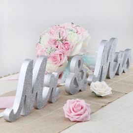 Mr and Mrs Signs Wedding Table Decorations, Wooden Freestanding Letters for Photo Props, Rustic Wedding Decoration, Anniversary Wedding Shower Gift (Silver)