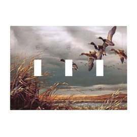 Rustic Wild Ducks Hunting Flying Triple Toggle Light Switch Cover 3 Gang Switch Plate Standard Size Decorative Electrical Faceplate for Bathroom Bedroom Home Decor
