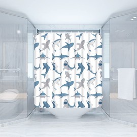 GCTNBJL Shark Shower Curtain Ocean Animal Shark Open The Mouth Fish Sea Marnie Underwater Nautical Bathroom Curtain with Hooks,Blue Gray White