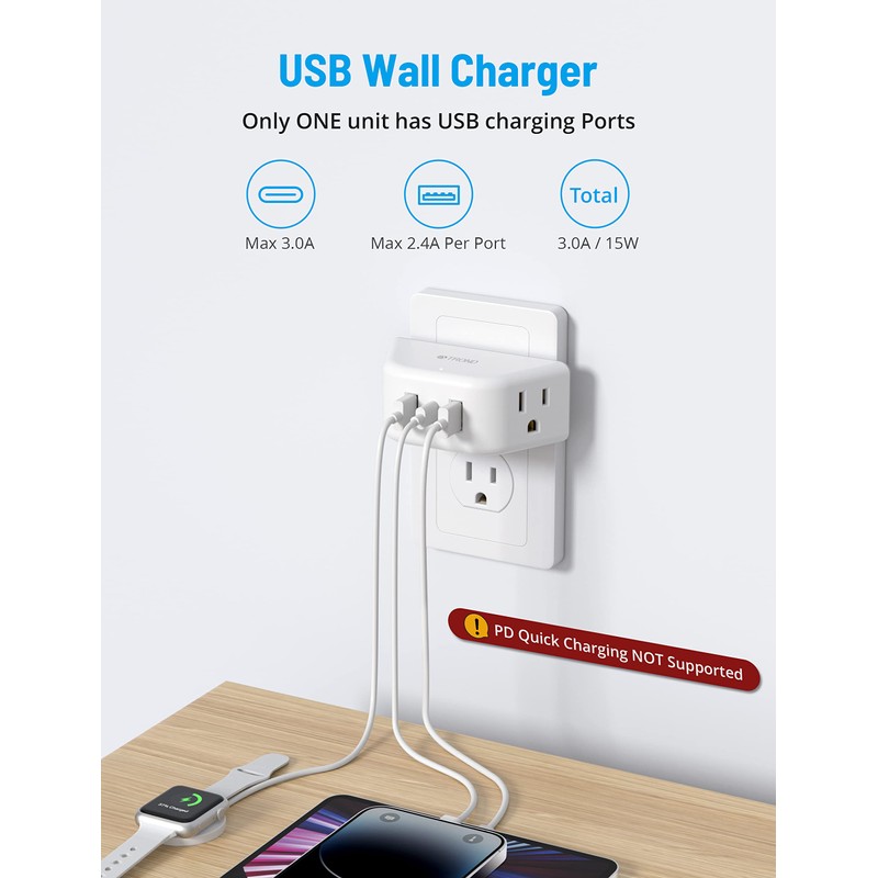 TROND Multi Plug Outlet Extender with USB - 2 Pack