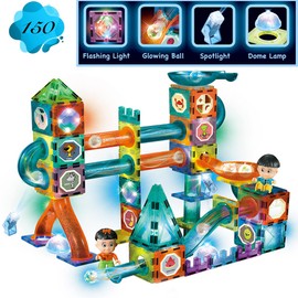 Glowing Magnetic Tiles Marble Run Race Track Super Set - 150 Complete Pieces Glow in The Dark STEM Light Magnetic Building Blocks Gravity Marble Maze Games for Toddlers Kids Boys Girls Ages 3+ Years