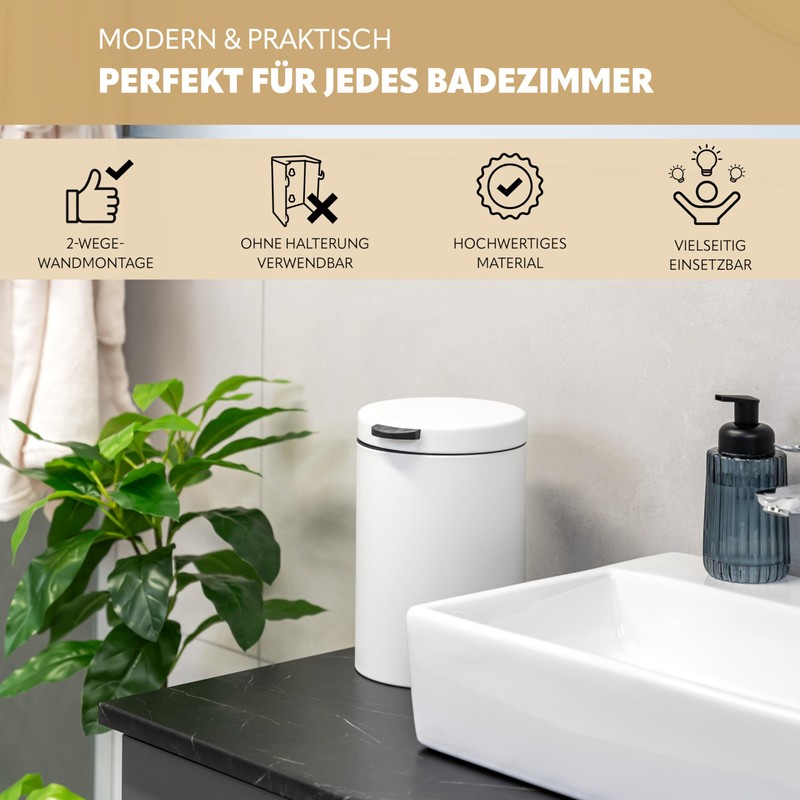 bremermann Wall-Mounted Cosmetic Bin, 3 Litres, Bathroom Bin, 2-Way Mounting,