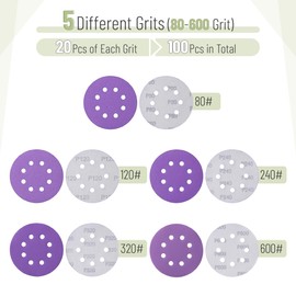 Bates- Sanding Discs 5 Inch 8 Hole, 100 Pack, Assorted Grits 80 120 240 320 600, Purple Sanding Pads, Hook and Loop Sanding Disc, 8 Hole Sanding Discs, Round Sandpaper Discs