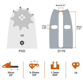 Savior 20 Inch Chainsaw Guide Bar and D70 Chain Combo, 3/8" Pitch .050" Gauge 70 Drive Links for Echo CS-590 CS-600 Poulan Pro Homelite McCulloch Replacement 200PXDD176, 27850 (Chain*2+Bar*1)