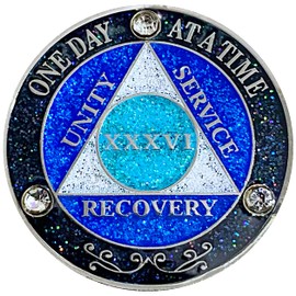 AA 36 Year Recovery Medallion (Years 1-50) - Alcoholics Anonymous Silver Color Plated Metal Coin With Glitter and Crystals