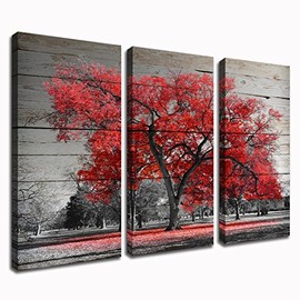3 Piece Black and Red Tree Canvas Art Prints Autumn Fall Maple Forest with Leaves Picture Painting Home Decor for Living Room 16"x32"x3 (Red Maple)