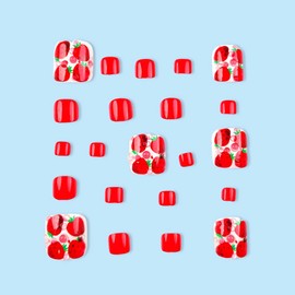 Toe Press on Nails Square Fake Toe Nails BABALAL Red Glue on Toe Nails for women Strawberry Cute Toe Acrylic Nails 24Pcs Summer Gel Toe Nails Supplies 3d Texture Handmade Decoration