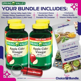 Spring Valley Apple Cider Vinegar Capsules 450 mg Dietary Supplement 250 Ct 4 pk (1000 Total) + Vitamin Vitality & Pill Container (6 Items)!