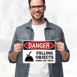 Danger Falling Objects Hard Hat Area With Symbol Sign, 10x7 Inches, 4 Mil Vinyl Decal Stickers Weather Resistant, Made in USA by My Sign Center
