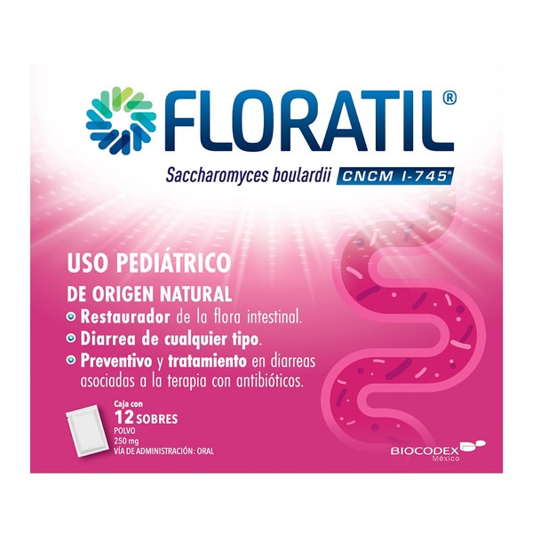Floratil 12 sobres 250mg probiótico de levadura de origen natural (Saccharomyces boulardii CNCM I-745) con 5 billones de probióticos