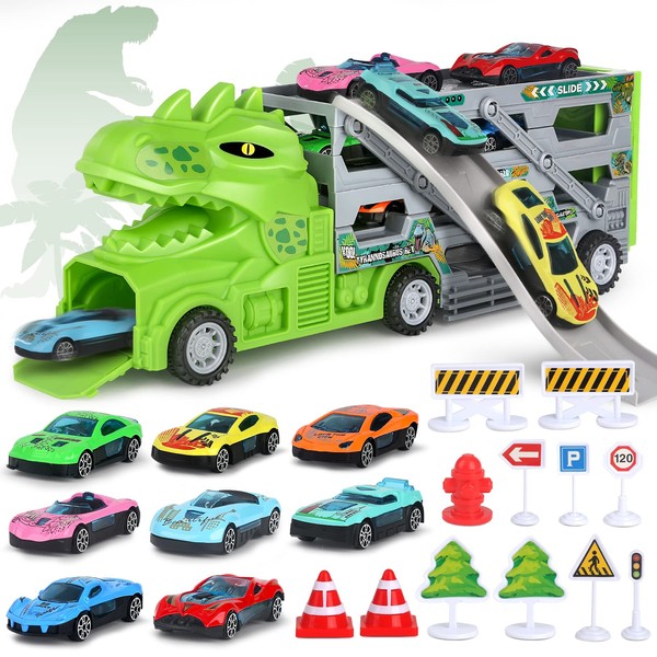 Aoskie Dinosaur Car Transporter Toy for 3 4 year old, Monster Toddler Carrier Truck Vehicles Toys for Kids, Dinosaur Ramp Truck for Boys with 8 Alloy Cars 1 Road Map Accessories Gift Set for Kids