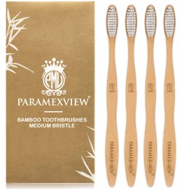 Paramexview ® Natural Bamboo Toothbrushes Set of 4 | BPA-Free Medium Bristles, Eco-Friendly | Biodegradable Handle, Charcoal Infused and Organic Base