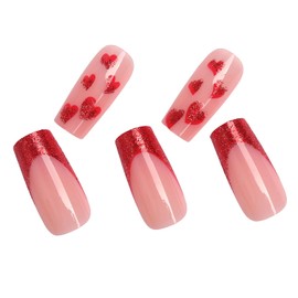 Valentines Day Press on Nails Medium Coffin Love Heart Fake Nails, Glitter Red Hearts French Acrylic Nails, Nude Glossy Gel False Nails Kit Salon Quality Stick Glue on Nails Tip, 24 Pcs