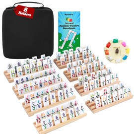 Demteric Mexican Train Dominoes Set Double 12 Colored Number Dominos with 8 Wooden Racks & 91 Tiles Portable Travel Case Classic Family Board Game Cognitive Strategy Game for Adults Kids