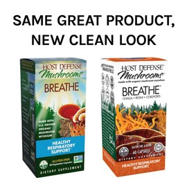 Host Defense, Breathe Capsules, Respiratory Support, Mushroom Supplement with Cordyceps, Reishi and Chaga, Unflavored, 60