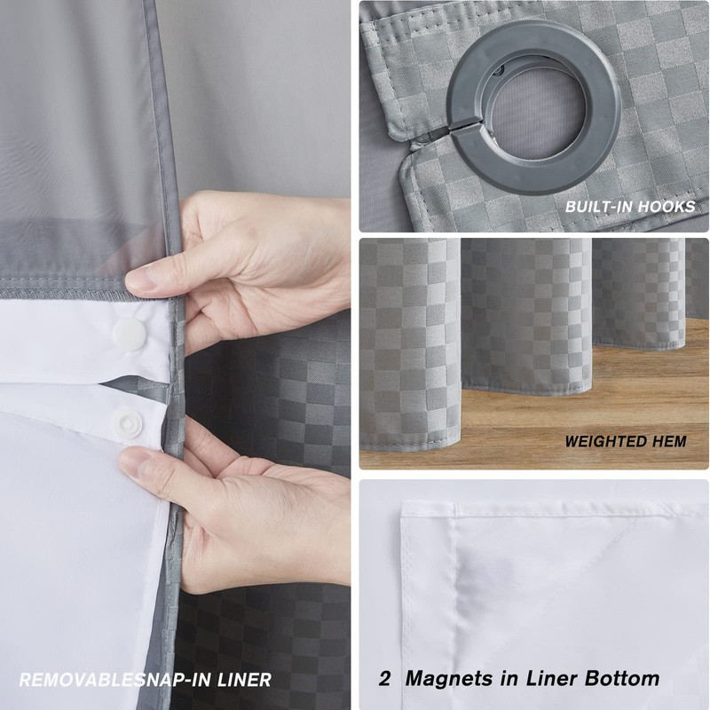 Furlinic No Hook Shower Curtain with Snap in Fabric Liner