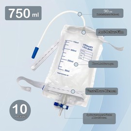 Pack of 10 750 ml Urine Bags Leg Bags: Disposable Urine Bag Leg Bag with T-Drain Valve Anti-Backflow Design, Urine Drainage Bag with Valve, Drain and Fabric Straps, Independent Packaging