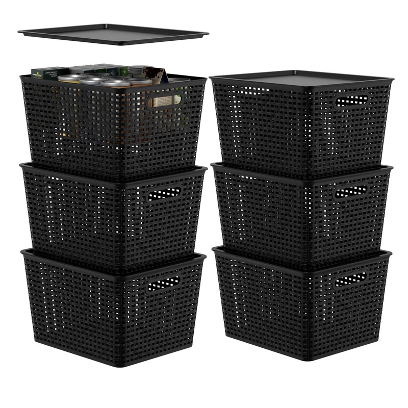 Morcte 6-Pack Black Stackable Plastic Storage Baskets with Lids
