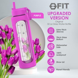 32 oz Glass Water Bottle with Straw Lid, Time Marker, Sleeve & Extra Lid - Motivational, Wide Mouth, Large BPA-Free 1 Liter Glass Water Bottle, Glass Drinking Bottle, Waterbottle (Purple Sleeve)