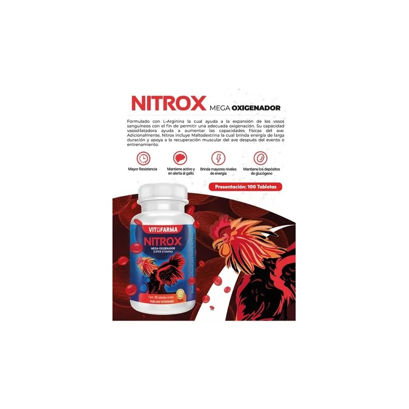 Vitofarma Nitrox Para Gallos Energía Y Resistencia 100 Tab